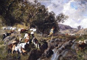 羊飼いと羊の群れの風景の画像