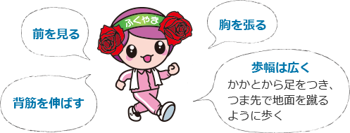 前を見る 胸を張る 背筋を伸ばす 歩幅は広く かかとから足をつき、つま先で地面を蹴るように歩く