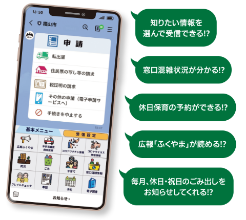 知りたい情報を選んで受信できる！？窓口混雑状況がわかる！？休日保育の予約ができる！？広報「ふくやま」が読める！？毎月、休日・祝日のごみ出しをお知らせしてくれる！？