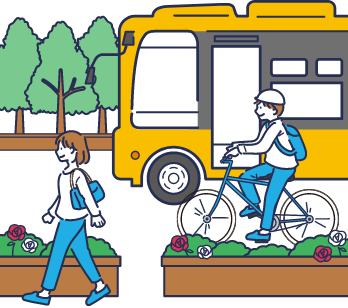 バスと自転車に乗る人と歩く人の絵