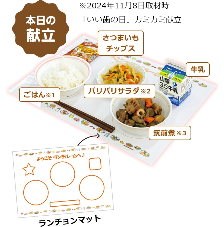 さつまいもチップス・パリパリサラダ・ごはん・牛乳・筑前煮・ランチョンマット