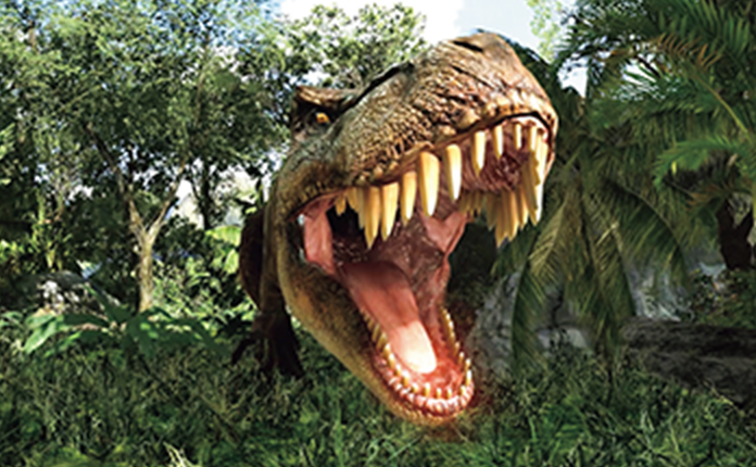 茂った森の中から勢いよく飛び出す恐竜の写真