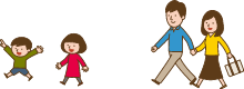 こどもたちや手をつなぐ男女のイラスト