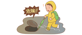 洪水の中で傘でマンホールの穴を察知する男の子