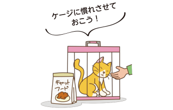＼ケージに慣れさせておこう！／ケージに入っている猫とキャットフードのイラスト