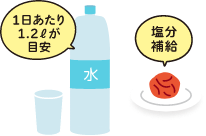 「1日あたり1てん2ℓが目安」「塩分補給」