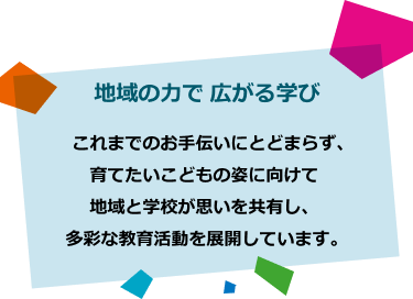 　これまでのお手伝いにとどまらず、育てたいこどもの姿に向けて地域と学校が思いを共有し、多彩な教育活動を展開しています。