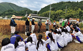 畑にて生徒たちに農家の方々が説明する様子