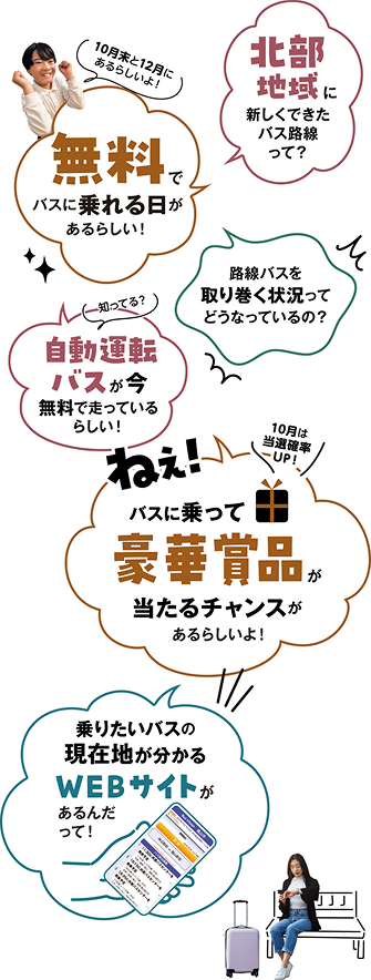 自動運転バスが今無料で走っているらしい！、乗りたいバスの現在地が分かるWEBサイトがあるんだって！、バスに乗って豪華賞品が当たるチャンスがあるらしいよ！