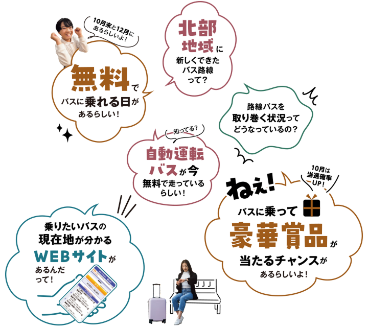 北部地域に新しくできたバス路線って？、無料でバスに乗れる日があるらしい！、路線バスを取り巻く状況ってどうなっているの？