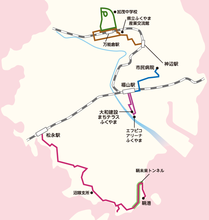 福山市内を走るバス路線のマップ