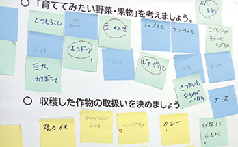 アイデア出し会でテーマごとの意見が書かれたたくさんのふせん
