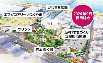 全世代交流型エリアのイメージ写真　かわまち広場・エフピコアリーナふくやま・ブリッジ・五本松公園・（仮称）まちづくり支店拠点施設（2026年9月供用開始）※1※2　
