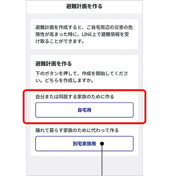 「避難計画を作る」画面の画像。「自宅用」ボタンが赤枠で示されている