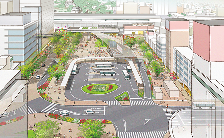 福山駅前を南から見た空間イメージ。手前から路線バス乗降場、広場、駅と続いている。