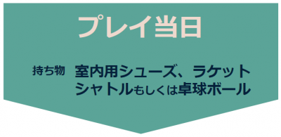 プレイ当日　持ち物　室内用シューズ、ラケット、シャトルもしくは卓球ボール