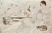 藤田嗣治《横たわる女性、水槽と猫たち》1927年 個人蔵