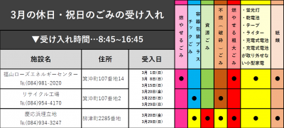 3月の休日・祝日のごみの受け入れ