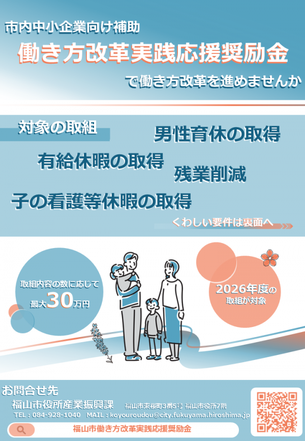 働き方改革実践応援奨励金のチラシ（表面）です。