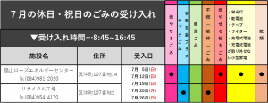 7月のごみの休日・祝日のごみの受け入れ