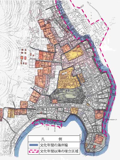 現在の地形図に文化年間絵図を重ねたもの