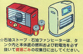 ストーブ及びファンヒーターは燃料と電池を抜き取り資源ごみ