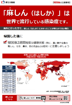 「麻しん（はしか）」は世界で流行している感染症です。（厚生労働省チラシ裏）