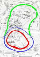 環濠配置図（赤１重目・青２重目・緑３重目）