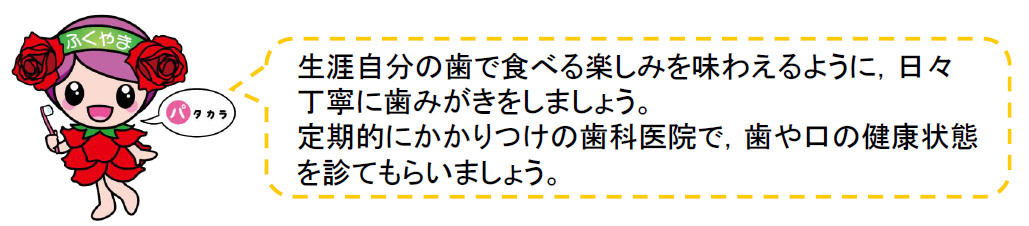 生涯自分の歯で食べる楽しみを味わえるように，日々丁寧に歯みがきをしましょう。定期的にかかりつけの歯科医院で，歯や口の健康状態を診てもらいましょう。