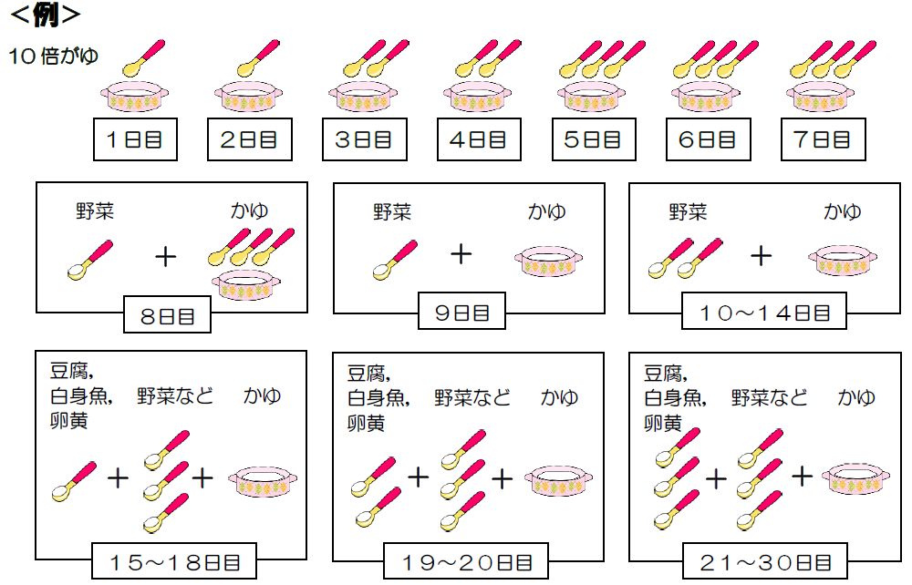 例。１０倍がゆ。１日目おかゆ１さじ。２日目１日と同じようにおかゆ１さじ。３日目様子を見ながら２さじに増やしてみます。４日目３日目と同じようにおかゆ２さじ。５日目調子がよければ３さじに増やしてみましょう。６，７日目は５日目と同じ３さじです。８日目おかゆ３さじ