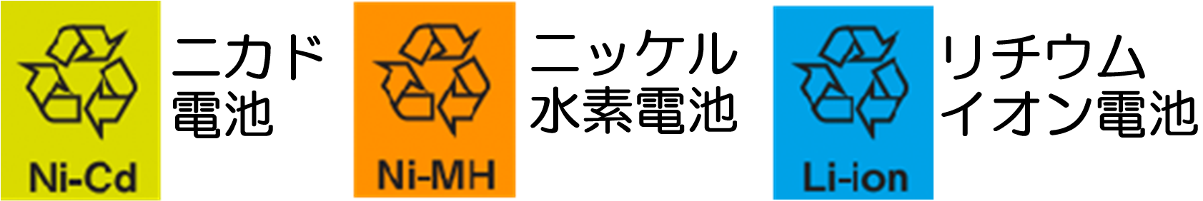 ニカド電池のマーク(Ni-Cdと記載)，ニッケル水素電池のマーク(Ni-MHと記載)，リチウムイオン電池のマーク(Li-ionと記載)