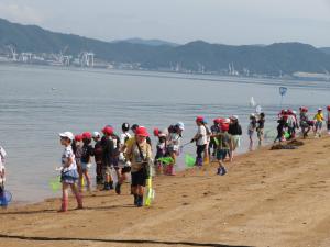 児童が海辺に向かう