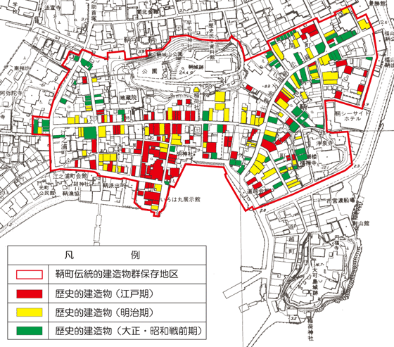 鞆町伝統的建造物群保存地区の区域と時代別建造物の分布