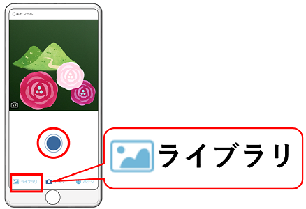 写真を撮影する。すでに撮影した写真を投稿したいときは、ライブラリから選択する。