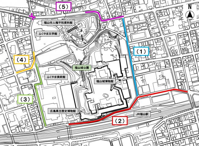 福山城周辺の道路整備箇所を示した位置図です。