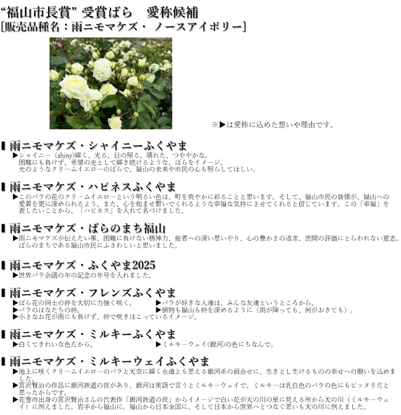 市長賞受賞ばら　候補作品とその理由